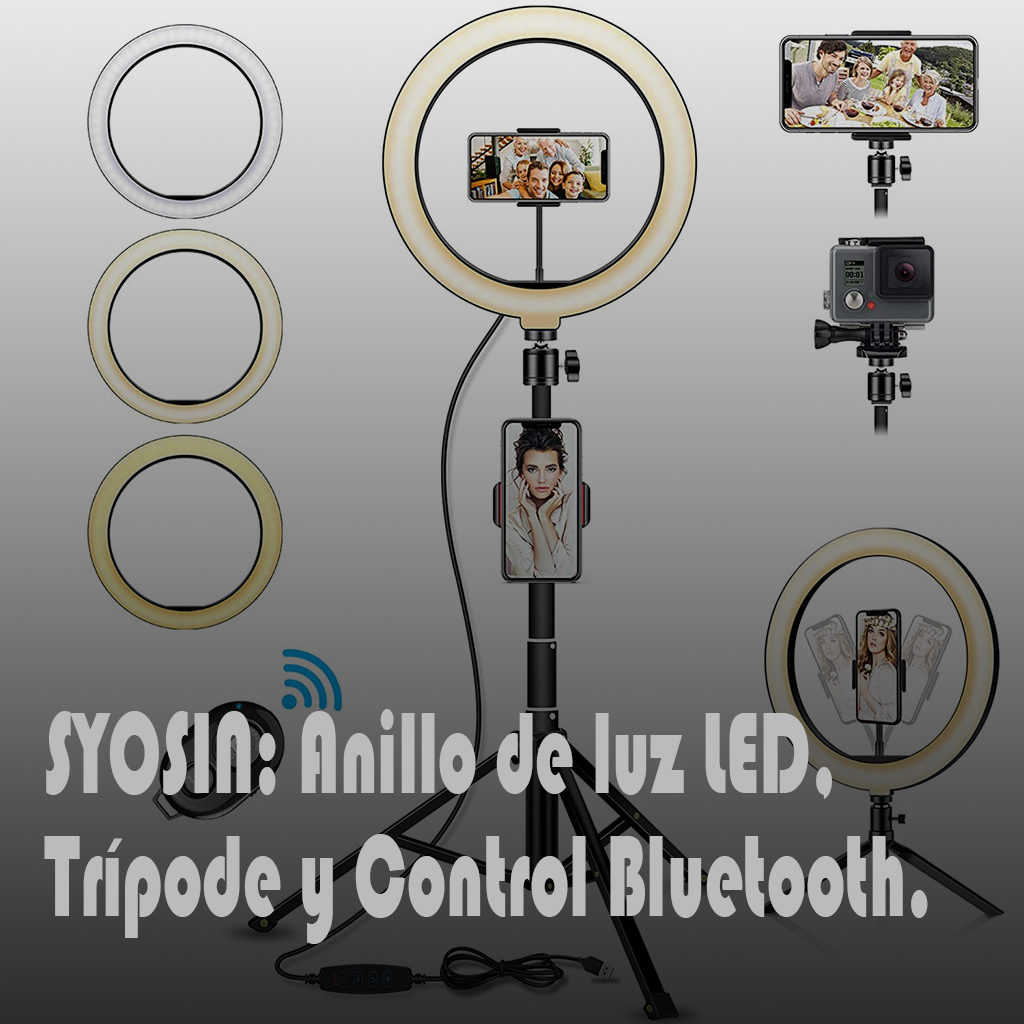 SYOSIN Luz de Anillo LED,Aro de Luz de 10.2" con Trípode Control Remoto Bluetooth,3 Modos de Luces 10 Brillos Regulable para Móvil Selfie,Fotografía,Maquillaje,Youtube,TIK Tok Live